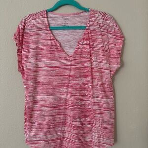 Women’s Soft Red & White V-Neck Top Blouse Cap Sleeve Rounded Bottom Size PL.